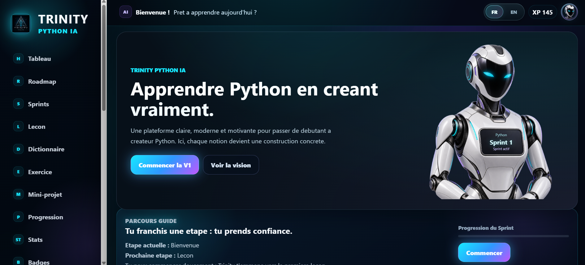 Tableau de bord officiel de TRINITY PYTHON IA